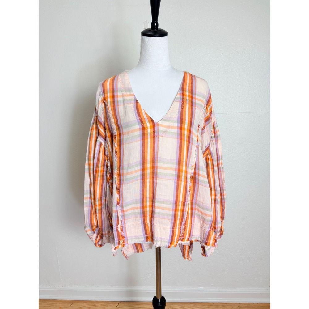 Free People Plaid Balloon Sleeve Oversized Distressed Hem Tunic Top Size XS-XL